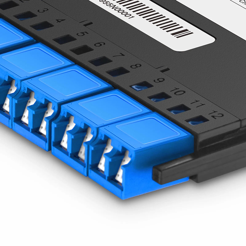 FyberOptix FHXA MTP®-LC Cassette, OS2 Single Mode, Type AF, 12 Fibers, MTP®-12 (Male) to 6 x Shuttered LC Duplex (Blue), 0.35dB Max.