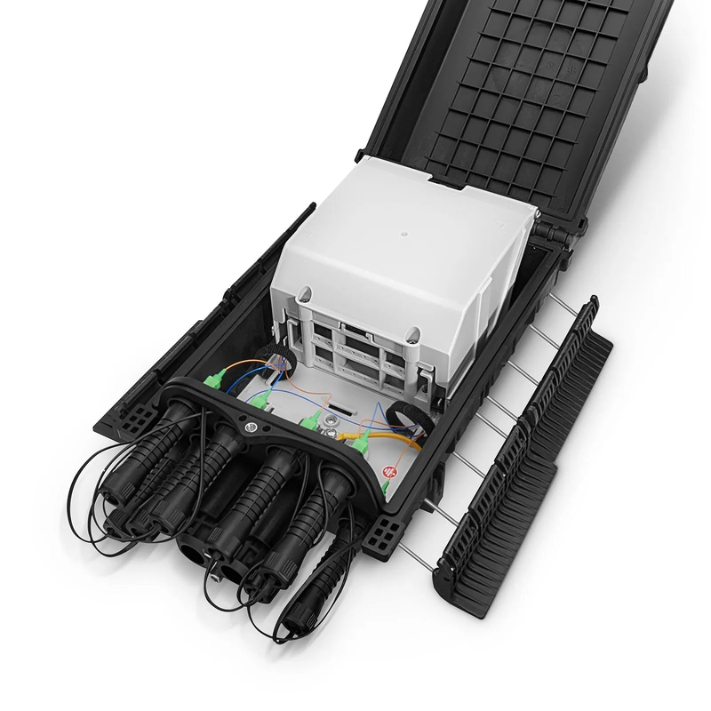 FyberOptix Universal Pre-Terminated Hub Box for Quick ODN, 1 Uncut Port, 8 SC/APC Adapters, Mechanical Seal, Supports 1:2/1:4/1:8 Mini Splitters, PP+GF, IP65, Wall/Pole/Aerial Mount, Indoor/Outdoor