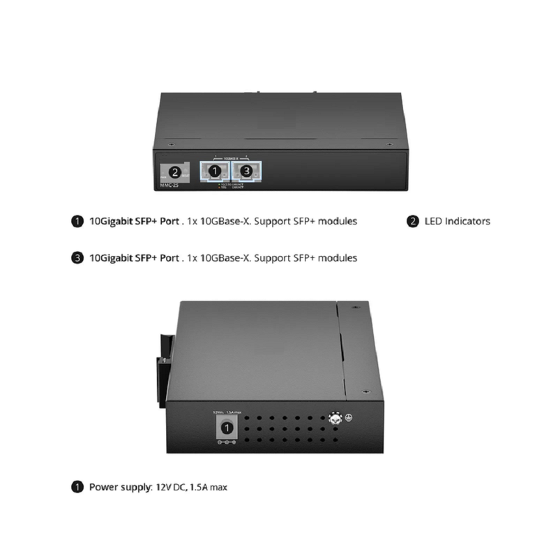 FyberOptix Industrial Managed 1x 100M/1G/2.5G/5G/10GBase-T RJ45 to 2x 100M/1G/2.5G/10GBase-X SFP+ Gigabit Ethernet PoE+ PD Media Converter