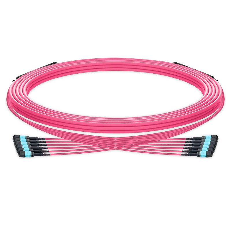 40m (131ft) Pre-terminated MPO trunk cable, 72 Fibers, 6 x MPO-12 UPC (Male) to 6 x MPO-12 UPC (Male) Multimode (OM4) Type B, LSZH(OFNR), 0.35dB Max, Magenta, breakout 80cm SFPS
