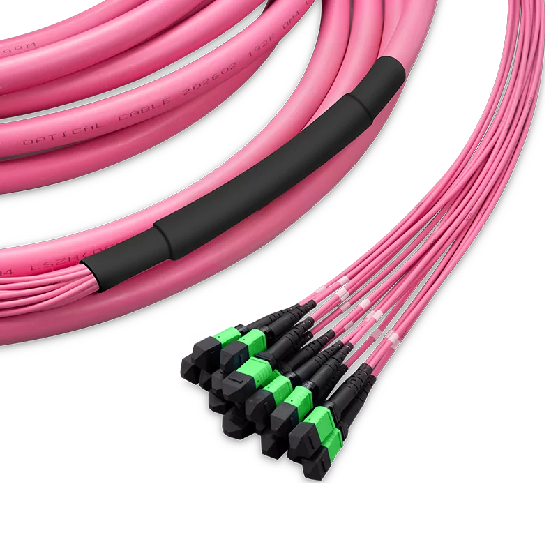 5m (16ft) Pre-terminated MPO 2x2 Shuffle Trunk Cable, 128 Fibers, 16xMPO-8 APC (Male) to 16xMPO-8 APC (Male), Multimode (OM4), Type 2, OFNP, 0.35dB Max, Breakout 80cm, Magenta SFPS
