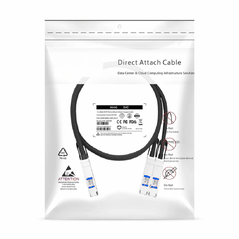FyberOptix 2m (7ft) Arista Networks Compatible 800G OSFP 8 x 100G PAM4 Finned Top to 2 x 400G OSFP 4 x 100G PAM4 Flat Top Passive Direct Attach Copper Breakout Cable
