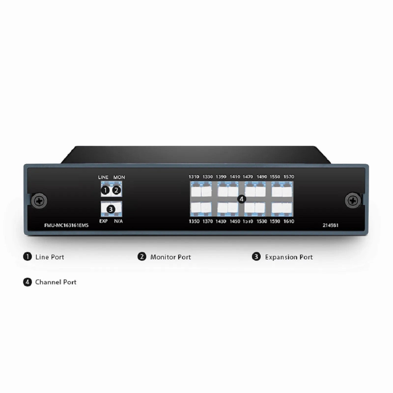 FyberOptix 16 Channels CWDM Mux or Demux, 1310-1610nm, with Monitor and Expansion Port, 4.5dB Typical IL, LC/UPC, Single Fiber, FMU Plug-in Module