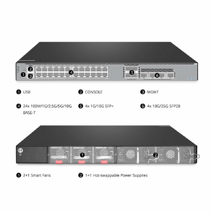 FyberOptix S5860-48XMG, 48-Port Ethernet L3 Switch, 48 x 10GBASE-T/Multi-Gigabit Ports, 4 x 25Gb SFP28, with 2 x 40Gb QSFP+ Uplinks, Support Stacking, Broadcom Chip
