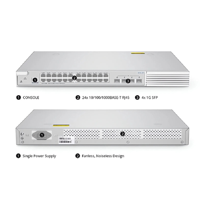 FyberOptix S3910-24TF, 24-Port Gigabit Ethernet L2+ Switch, 24 x Gigabit RJ45, with 4 x 1Gb SFP Uplinks, Stackable Switch, Broadcom Chip, Fanless