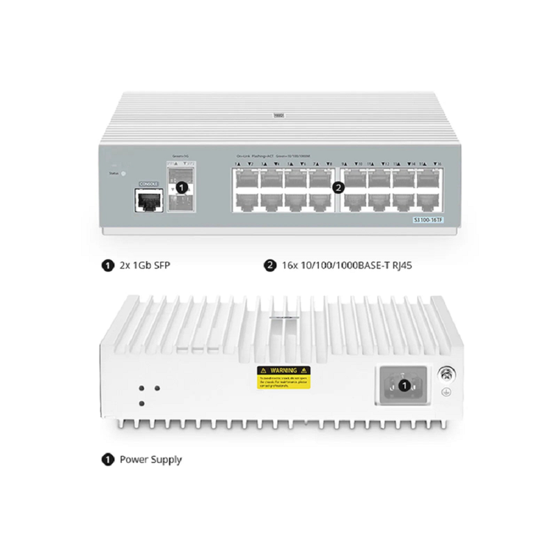 FyberOptix S3100-16TF-P, 16-Port Gigabit Ethernet L2+ PoE+ Switch, 8 x PoE+ Ports@125W, 8 x 1Gb RJ45, with 2 x 1Gb SFP Uplinks, Broadcom Chip, Fanless