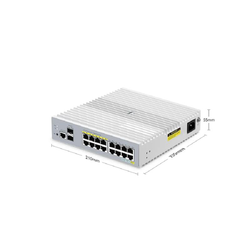 FyberOptix S3100-16TF-P, 16-Port Gigabit Ethernet L2+ PoE+ Switch, 8 x PoE+ Ports@125W, 8 x 1Gb RJ45, with 2 x 1Gb SFP Uplinks, Broadcom Chip, Fanless