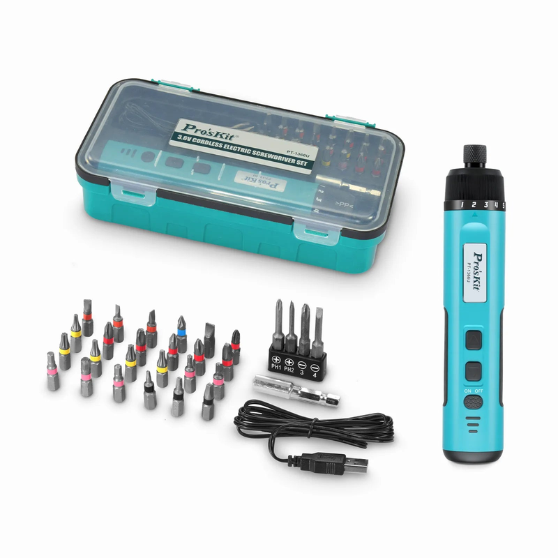 FyberOptix Pro's KitA® 3.6V Cordless Electric Screwdriver with 28 Bits, 1 Bit Holder and 1 USB Cable, 1/4'', 2000mAh Lithium-ion Battery PT-1366U