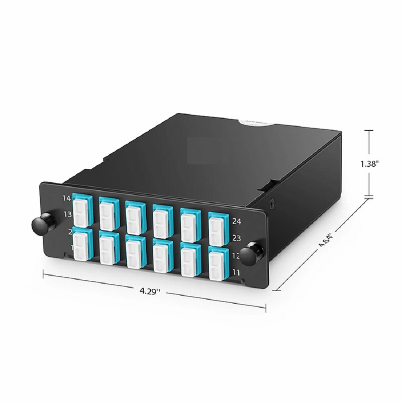 FyberOptix FHDA MTP®-LC Cassette, OM4 Multimode, Universal, 24 Fibers, 3 x MTP®-8 (Male) to 6 x LC Quad (Aqua), 0.35dB Max.