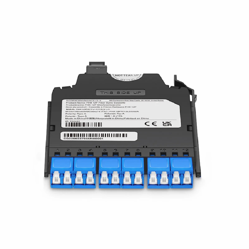 FyberOptix FHXA MTP®-LC Cassette, OS2 Single Mode, Type AF, 12 Fibers, MTP®-12 (Male) to 6 x Shuttered LC Duplex (Blue), 0.35dB Max.