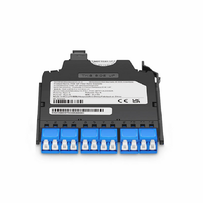 FyberOptix FHXA MTP®-LC Cassette, OS2 Single Mode, Type AF, 12 Fibers, MTP®-12 (Male) to 6 x Shuttered LC Duplex (Blue), 0.35dB Max.