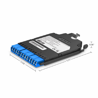 FyberOptix FHXA MTP®-LC Cassette, OS2 Single Mode, Type AF, 12 Fibers, MTP®-12 (Male) to 6 x Shuttered LC Duplex (Blue), 0.35dB Max.