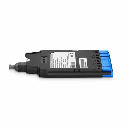 FyberOptix FHXA MTP®-LC Cassette, OS2 Single Mode, Type AF, 12 Fibers, MTP®-12 (Male) to 6 x Shuttered LC Duplex (Blue), 0.35dB Max.
