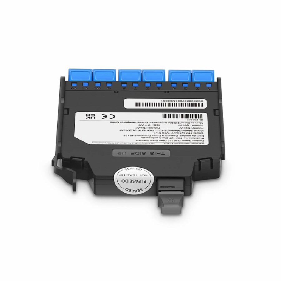 FyberOptix FHXA MTP®-LC Cassette, OS2 Single Mode, Type AF, 12 Fibers, MTP®-12 (Male) to 6 x Shuttered LC Duplex (Blue), 0.35dB Max.