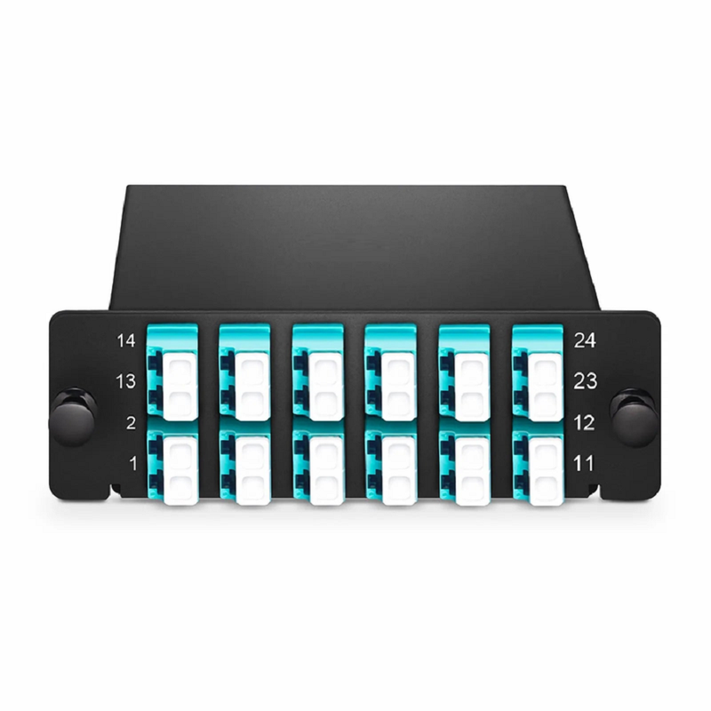 FyberOptix FHDA LC Splice Cassette with Pigtails, 24 Fibers OM4 Multimode,12 x LC UPC Duplex (Aqua), 0.3dB Max.