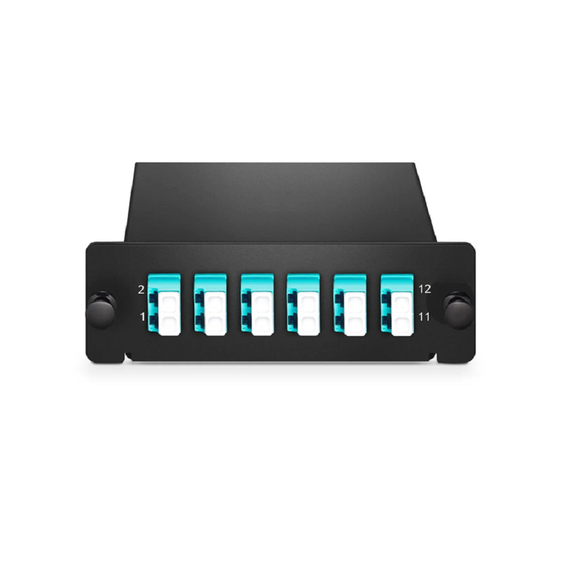FyberOptix FHDA LC Splice Cassette with Pigtails, 12 Fibers OM4 Multimode, 6 x LC UPC Duplex (Aqua), 0.3dB Max.