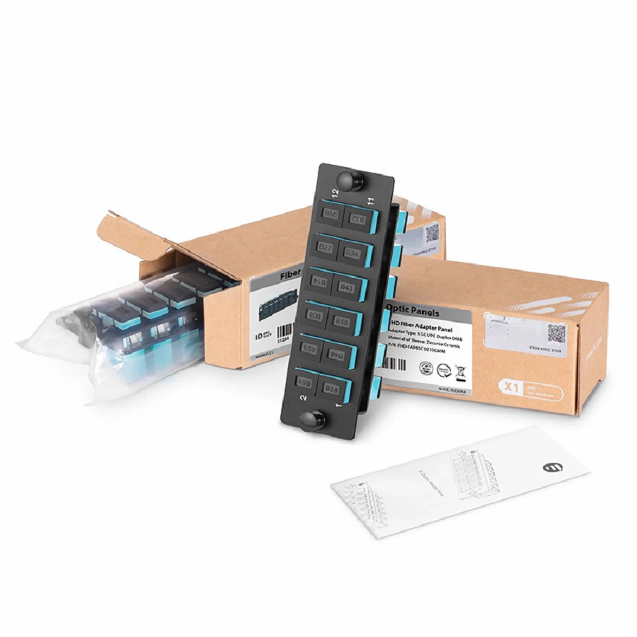 FyberOptix FHDA Fiber Adapter Panel, 12 Fibers OM4 Multimode, 6 x SC UPC Duplex (Aqua) Adapter, Ceramic Sleeve