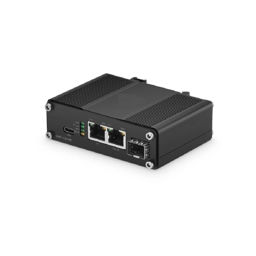 FyberOptix Unmanaged 2 x 10/100/1000Base-T RJ45 to 1 x 100/1000Base-X SFP Gigabit Ethernet PoE+ PD with USB DC Output Media Converter