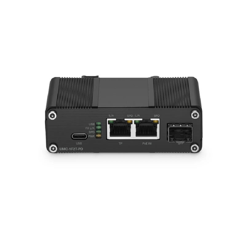 FyberOptix Unmanaged 2 x 10/100/1000Base-T RJ45 to 1 x 100/1000Base-X SFP Gigabit Ethernet PoE+ PD with USB DC Output Media Converter
