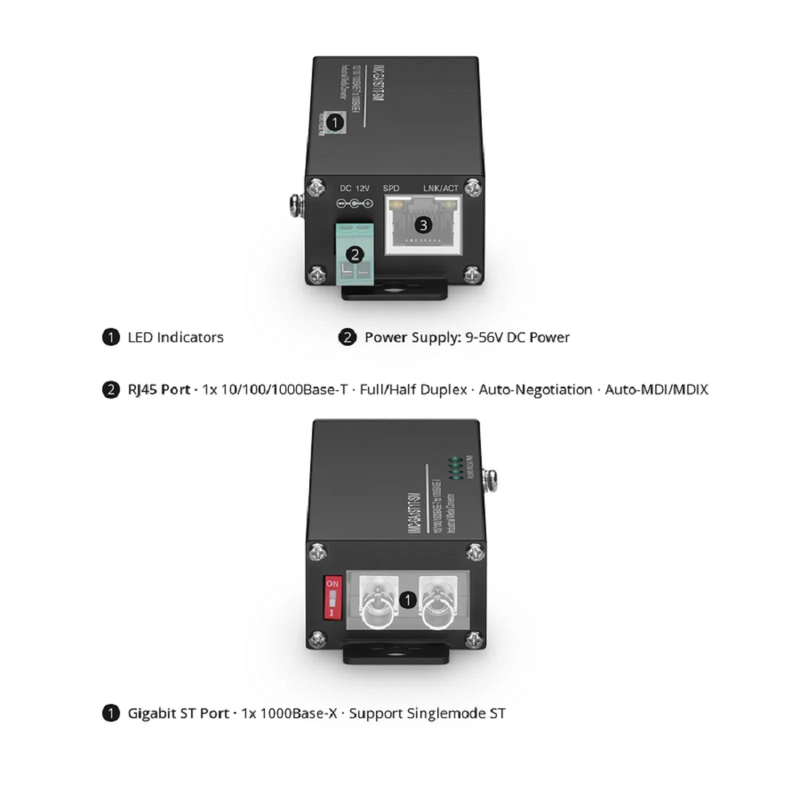 FyberOptix Mini Industrial Unmanaged 1x 10/100/1000Base-T RJ45 to 1x 1000Base-X Single Mode ST 1310nm 20km Gigabit Ethernet Media Converter, American Plug Standard