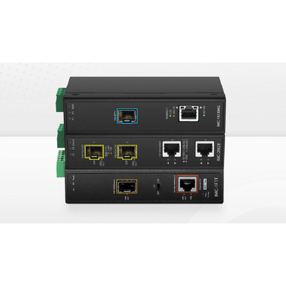 FyberOptix Industrial Managed 1x 100M/1G/2.5G/5G/10GBase-T RJ45 to 2x 100M/1G/2.5G/10GBase-X SFP+ Gigabit Ethernet PoE+ PD Media Converter