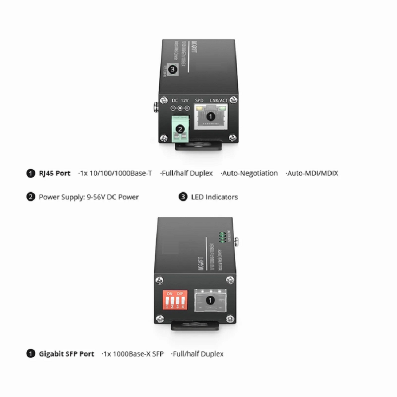 FyberOptix Mini Industrial Unmanaged 1x 10/100/1000Base-T RJ45 to 1x 1000Base-X SFP Gigabit Ethernet Media Converter, British Plug Standard