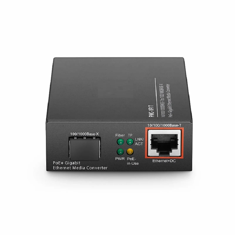 FyberOptix Unmanaged 1x 10/100/1000Base-T RJ45 to 1x 100/1000Base-X SFP Gigabit Ethernet PoE+ Media Converter, American Plug Standard