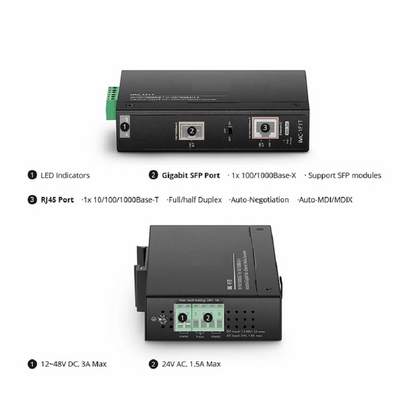 FyberOptix Industrial Unmanaged 1x 10/100/1000Base-T RJ45 to 1x 100/1000Base-X SFP Gigabit PoE+ Ethernet Media Converter