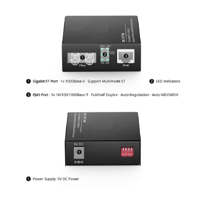 FyberOptix Unmanaged 1x 10/100/1000Base-T RJ45 to 1x 1000Base-X Single Mode ST 1310nm 20km Gigabit Ethernet Media Converter, European Plug Standard