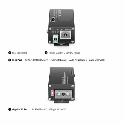 FyberOptix Mini Industrial Unmanaged 1x 10/100/1000Base-T RJ45 to 1x 1000Base-X Single Mode SC 1310nm 20km Gigabit Ethernet Media Converter, British Plug Standard