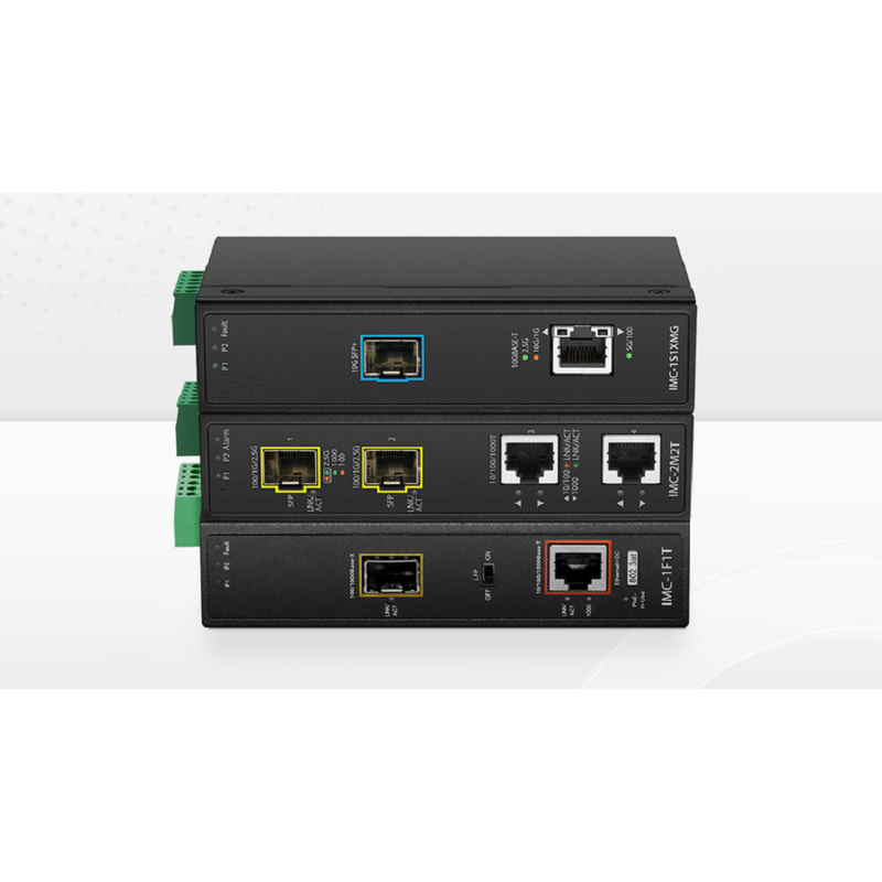 FyberOptix Industrial Managed 1x 100M/1G/2.5G/5G/10GBase-T RJ45 to 2x 100M/1G/2.5G/10GBase-X SFP+ Gigabit Ethernet PoE+ PD Media Converter
