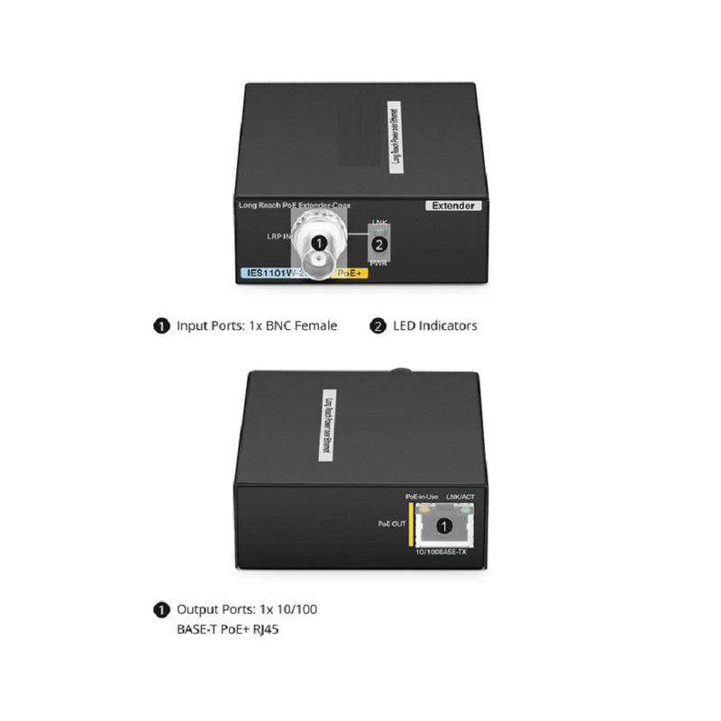 FyberOptix IES1111W-2PD, 1-Port 10/100M Fast Ethernet Long Reach PoE over UTP Extender, 1 x 10/100BASE-T RJ45 Input to 1 x PoE+ Output, -20 to 70A°C Operating Temperature