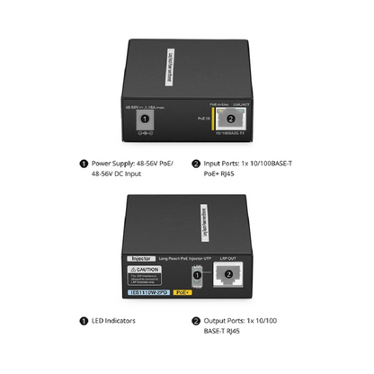 FyberOptix IES1110W-2PD, 1-Port 10/100M Fast Ethernet Long Reach PoE over UTP Injector, 1 x PoE+ Input to 1 x 10/100BASE-T RJ45 Output, -20 to 70A°C Operating Temperature