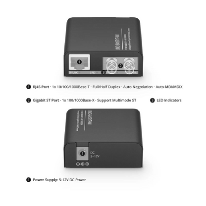 FyberOptix Mini Unmanaged 1x 10/100/1000Base-T RJ45 to 1x 100/1000Base-X Multimode ST 850nm 220/550m Gigabit Ethernet Media Converter, European Plug Standard