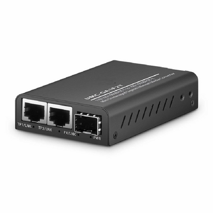 FyberOptix Mini Unmanaged 2x 10/100/1000Base-T RJ45 to 1x 1000Base-X SFP Gigabit Ethernet Media Converter, British Plug Standard