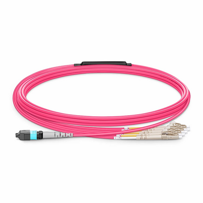 FyberOptix 5m (16ft) MTP® Harness, MTP®-8 UPC (Female) to 4 x LC UPC Duplex, 8 Fibers, Multimode (OM4), Plenum (OFNP), 0.35dB Max, Type B, Magenta