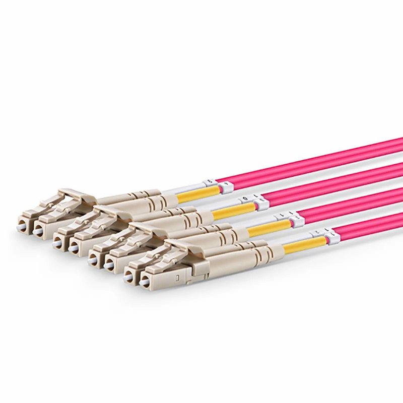 FyberOptix 5m (16ft) MTP® Harness, MTP®-8 UPC (Female) to 4 x LC UPC Duplex, 8 Fibers, Multimode (OM4), Plenum (OFNP), 0.35dB Max, Type B, Magenta