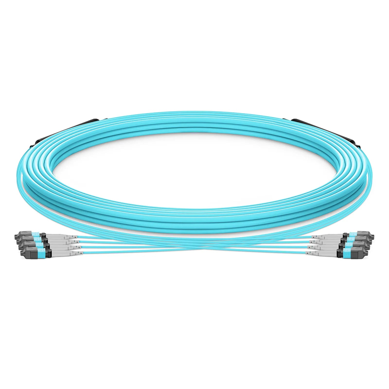FyberOptix 30m (98ft) MTP® Trunk Cable, MTP®-8 UPC (Male) to MTP®-8 UPC (Male), 32 Fibers, Multimode (OM3), Plenum (OFNP), 0.20dB Max, Type B, Double Jacket, Aqua