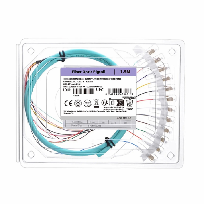 FyberOptix 1.5m (5ft) Fiber Pigtail, LC UPC to Unterminated, 12 Fibers, Bunch, OM3 Multimode, PVC (Unrated), 0.9mm, Aqua