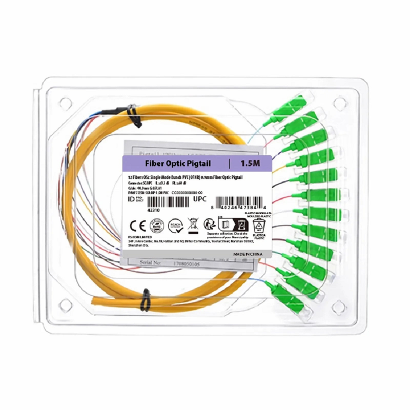 FyberOptix 1.5m (5ft) Fiber Pigtail, SC UPC to Unterminated, 12 Fibers, Bunch, OS2 Single Mode, PVC (Unrated), 0.9mm, Yellow