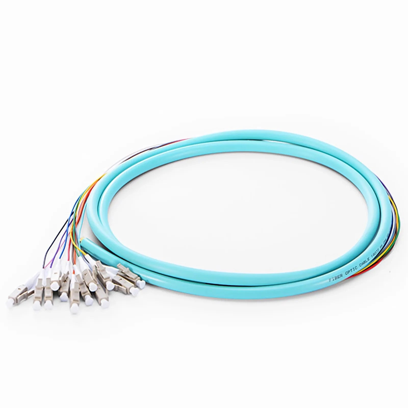 FyberOptix 1.5m (5ft) Fiber Pigtail, LC UPC to Unterminated, 12 Fibers, Bunch, OM3 Multimode, PVC (Unrated), 0.9mm, Aqua