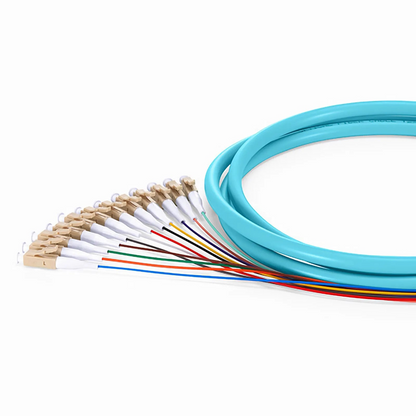 FyberOptix 1.5m (5ft) Fiber Pigtail, LC UPC to Unterminated, 12 Fibers, Bunch, OM3 Multimode, PVC (Unrated), 0.9mm, Aqua