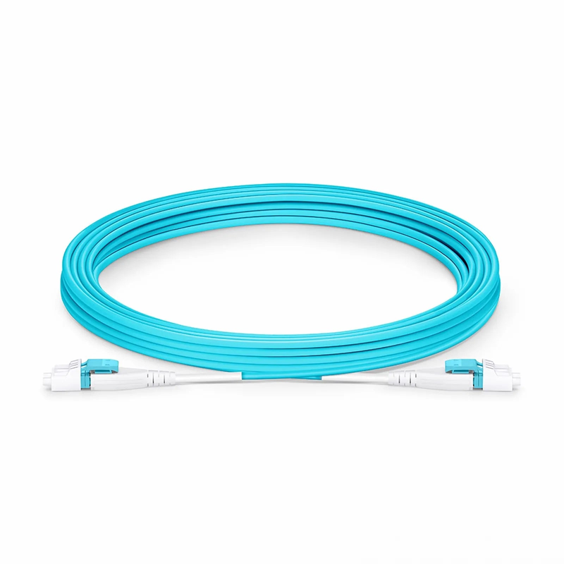 FyberOptix 5m (16ft) Fiber Patch Cable, 2 Fibers, LC UPC Duplex to LC UPC Duplex Flat Clip Uniboot, Multimode (OM4), Riser (OFNR), 2.0mm, Aqua