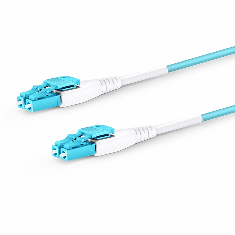 FyberOptix 5m (16ft) Fiber Patch Cable, 2 Fibers, LC UPC Duplex to LC UPC Duplex Flat Clip Uniboot, Multimode (OM4), Riser (OFNR), 2.0mm, Aqua