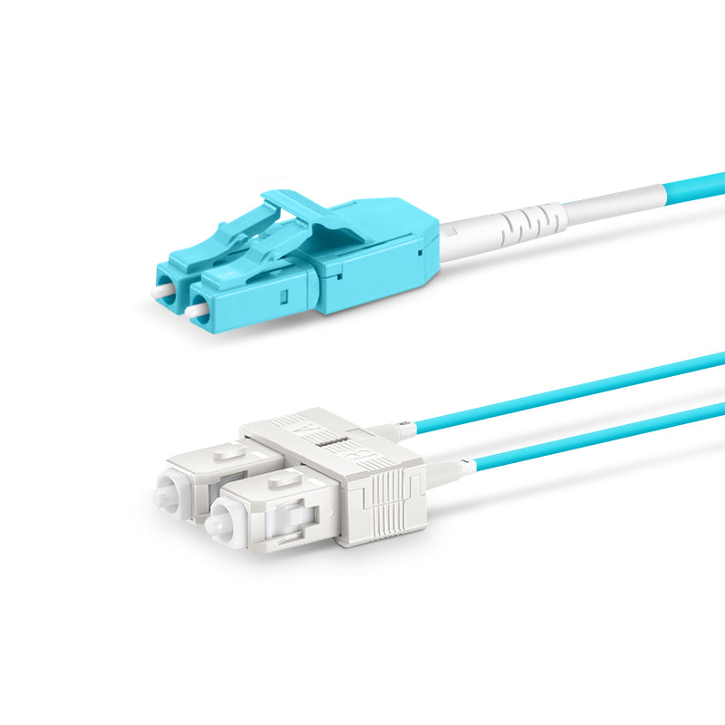 FyberOptix 1m (3ft) Fiber Patch Cable, 2 Fibers, LC UPC Duplex Standard Clip Uniboot to SC UPC Duplex, Multimode (OM4), Riser (OFNR), 2.0/0.9mm, Aqua