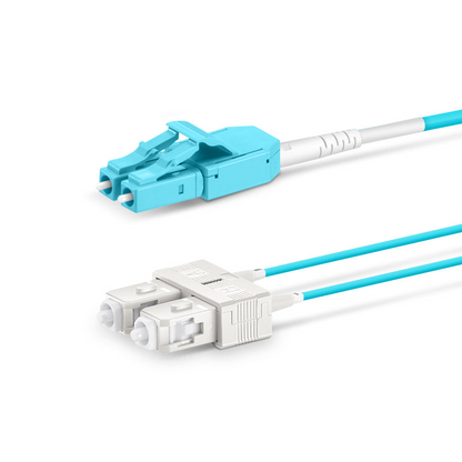 FyberOptix 1m (3ft) Fiber Patch Cable, 2 Fibers, LC UPC Duplex Standard Clip Uniboot to SC UPC Duplex, Multimode (OM4), Riser (OFNR), 2.0/0.9mm, Aqua