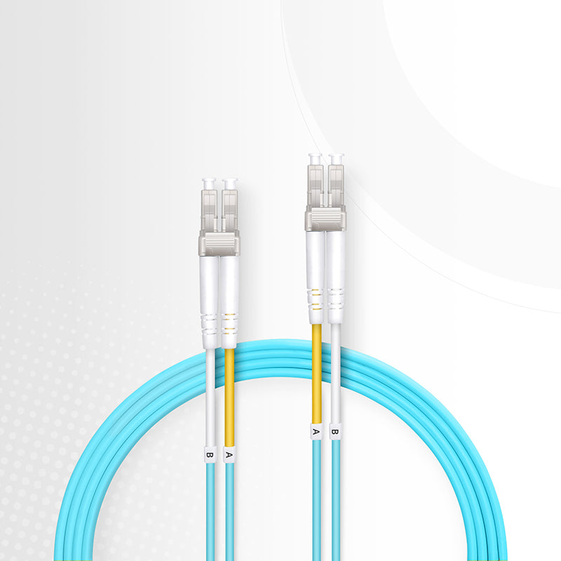 FyberOptix 15m (49ft) Fiber Patch Cable, 2 Fibers, LC UPC Duplex to SC UPC Duplex, Multimode (OM3), Riser (OFNR), 2.0mm, Tight-Buffered, Aqua
