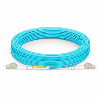 FyberOptix 10m (33ft) Fiber Patch Cable, 2 Fibers, LC UPC Duplex to LC UPC Duplex, Multimode (OM3), Riser (OFNR), 2.0mm, Tight-Buffered, Aqua