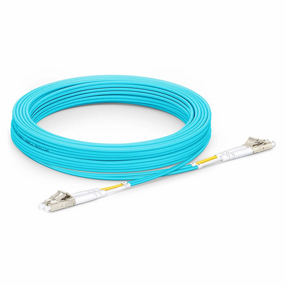 FyberOptix 10m (33ft) Fiber Patch Cable, 2 Fibers, LC UPC Duplex to LC UPC Duplex, Multimode (OM3), Riser (OFNR), 2.0mm, Tight-Buffered, Aqua