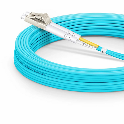 FyberOptix 10m (33ft) Fiber Patch Cable, 2 Fibers, LC UPC Duplex to LC UPC Duplex, Multimode (OM3), Riser (OFNR), 2.0mm, Tight-Buffered, Aqua